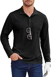 [Tanst Sky] Mens Polo Shirts Long Sleeve Lapel Collar V Neck Pocket Knit Tops Moisture Wicking Quick Dry Golf Clothes