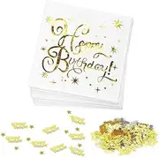 Pack of 40 Happy Birthday Napkins, White Gold Happy Birthday Paper Napkins, Gold Birthday Party Napkins, Premium Fabric-Like Table Decoration with Happy Birthday Confetti for Birthday Party