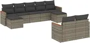 vidaxl Garden Sofa Set - Grey Poly Rattan Modular 9-Piece with Cushions, Acacia Armrests, Water-Resistant Storage for Patio, Garden, Terrace