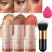 MKNZOME 3 Pcs Cream Contour With Highlighter, Bronzer, and Blush Sticks for Cheeks, Lips - Long Lasting, Waterproof Makeup With Brush and Sponge
