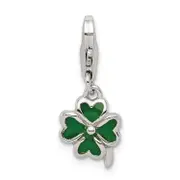 Sterling Silver Green Enameled Four Leaf Clover Charm With Lobster Clasp