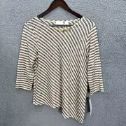 Alfred Dunner Top Women Small Beige Metallic Weave Striped Asymmetrical Hem Boho