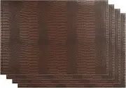 Leather Placemats for Dining Table Waterproof Set of 4 Marble Decor for Kitchen Table Easy to Clean PU Place Mats for Dinning,Office, Crocodile Grain（brown）