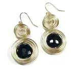 E0035 Gold Colored Spiral Wired Shape Black Double Circle Drop Dangle Earrings