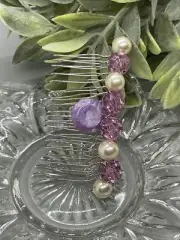 Bridal Formal Cream Purple Beaded Side Comb Silver 3.5” Hair Accessories New