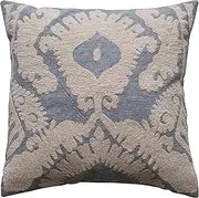 [Creative Co-Op] 20 Inches Square Cotton Slub Tufted Damask Pattern and Chambray Back, Blue, and Cream Pillow