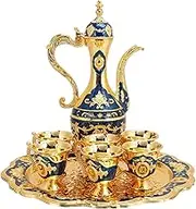 Vintage Turkish Coffee Pot With 6 Cups, Golden Wine Decanter and Glasses, Copper Tea Set for Home Party (Blue)
