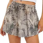 [HOCANDY] Womens Camo Sweat Shorts Maple Leaf Print Drawstring Elastic High Waist Lounge Camouflage Workout Shorts with Pockets