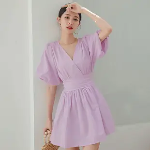 AIR SPACE LADY 交叉領細褶澎袖短洋裝(紫)