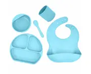 FDA Certified Silicone - 5Pcs Kids Silicone Baby Feeding Set Blue