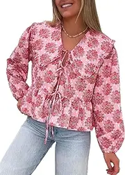 [YILEEGOO] Women's Tie Front Peplum Tops Long/Short Lantern Sleeve Peter Pan Collar Loose Babydoll Shirt Blouses