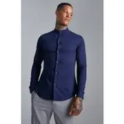 Mens Navy Long Sleeve Grandad Collar Slim Shirt