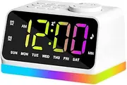 Digital Alarm Clock for Bedroom, 8 Colors Night Light with 2 Charging Port, Sleep Sound Machines with Timer, Dual Alarm, 12/24H, Loud Alarm，FM Radio and Easy to Use for Seniors and Kids as Gift