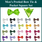 Men's Satin Plain Pre-Tied Bow Tie Pocket Square SET Self Tied Adjustable Hanky