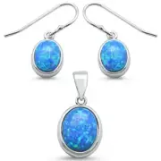 Oval Blue Opal .925 Sterling Silver Earrings & Pendant Set