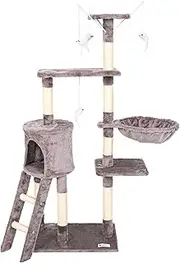 Casa Basics - Cat Tree NENI, Height: 144 cm, Multi-Level Cat Scratching Post Play Tower with Ladder, den, nest, 3 Platforms and 4 Rats (Gray)