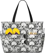 [Ghjkfbf] Skull Skeleton Print Large Capacity Beach Travel Bag For Family, Beach Tote Bag For Women With Zipper Pockets, Black, One Size