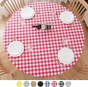 Round Tablecloth, Fitted Round Plastic Vinyl Table Cloths with Flannel Backing and Elastic Edge, Waterproof Table Protector for Outdoor Patio Kitchen and Dining Room（36"-42" Red-White Small
