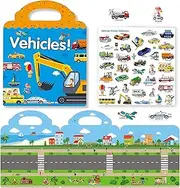 Yowlieu Reusable Sticker Books for Kids, Travel Removable Toddler Vehicle Sticker Books for 2 3 4 5 Year Old Girls Boys Birthday Gifts Educational Learning Toys for Age 2-4, 1 Pcs ( Vehicles )