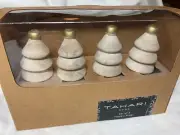 TAHARI NAPKIN RINGS (4) CHRISTMAS TREES NATURAL WOOD GOLD TOP NIB