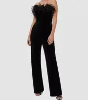 $330 Aidan Mattox Women's Black Strapless Feather Trim Velvet Jumpsuit Size 8
