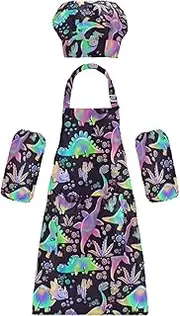 AIXIWAWA Kids Apron Chef Hat Set, Child Kitchen Bib Aprons Adjustable for Cooking Baking Painting (Neon Purple Dinosaur)