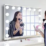 Vanity Makeup Mirror with Lights Hollywood LED Mirrors Stand, Smart Touch Control Screen, 15 Dimmable LED Lights Stable Base Touch Screen（Silver+Gold-75X56.5CM）