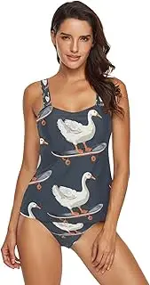 [Joisal] Cute Beetle Grey Tankinis Swimwear for Women, Swim Tank Top Women with Mid Waist Briefs Sporty Swimsuits for Women, Geese Riding Skateboards, XX-Large