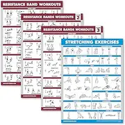 Palace Learning 4 Pack - Resistance Bands Workout Posters Volume 1, 2 & 3 + Stretching Exercise Chart (Laminated, 18" x 24")