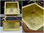 Island Solid Brass Undermount Hammered Sink, Kitchen Bar Sink Unlacquered Brass.