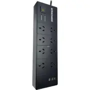 Ultracharge 8 Way Surge Protected Power Board With 2 USB Charging Ports Black