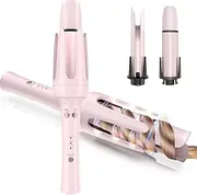 Automatic Curling Iron Hair Curler, Replaceable Curling Wand with 2 Sizes Barrel (1", 1.25") & 3 Temps, Hair Waver with Anti-Tangle & Auto-Off, Double Voltage Rotating Curling Iron for Long Hair-Rose