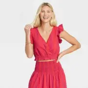 Universal Thread NWT Women's XXL Red Stripe Flutter Sleeves Faux-Wrap Crop Top