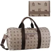 Pierre Cardin Canvas Print/Leather Trim Art Design Duffle Bag & Bi-Fold Flap Wallet Bundle - Beige