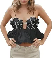 [AIBEARTY] Women's Floral Appliques Spaghetti Strap Crop Tops Sexy Hollow Out Backless Lace Up Short Cami Vest