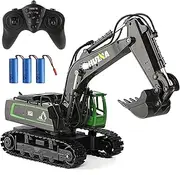 RC Excavator Toy, 11CH Remote Control Excavator for Boys 4-7 8-12, Construction Toys Vehicle with 3 Batteries Metal Shovel, Birthday Gifts Ideas for Kids, 1/18 Scale Green (with Gift)