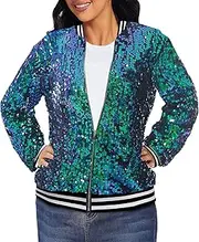 [ACEFAST INC] Women's Shiny Sparkle Sequins Long Sleeve Zip Blazer Halloween Party Bomber Jacket