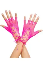 Sexy Pink Short Lace Up Fishnet Fingerless Gloves Rave Barbie Outfit