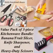 Wholesale Lot: 3-pcs Kitchenware Bundle Banana Slicer Knife Sharpener & Scissors