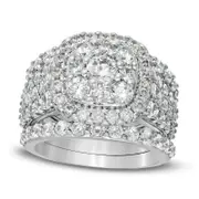 3.75 CT. T.W. Natural Diamond Double Cushion Frame Multi-Row Three Piece Bridal Engagement Ring Set in Solid 10K White Gold