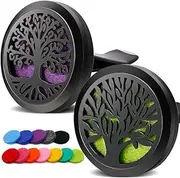 [RoyAroma] 2PCS Tree of Life Car Diffuser Aromatherapy Essential Oil Black Stainless Steel Locket with Vent Clip 12 Felt Pads