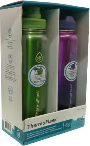 ThermoFlask Stainless Steel Water Bottle, 40 Fluid Ounce (2 Pack) (Green/Purple)