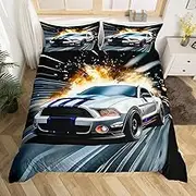 Feelyou Racing Car Bedding Set Twin Size White Racing Car Duvet Cover for Kids Boys Teens Fast and Furious Comforter Cover Set Cartoon Car Bedspread Cover 2Pcs Zipper