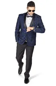 Slim Fit 1 Button Blue Shawl Collar Floral Jacket Tuxedo Black Pants 1714 AZAR