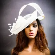 Large White Fascinator Hat with Loops & Feathers for Wedding Derby Tea Party