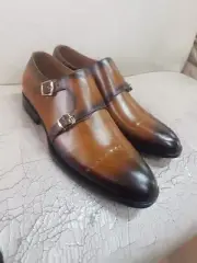 Men's New Mustard Leather Double Buckle Monk Strap Formal Shoe Handmade Shoes