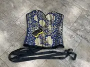 Corset Story Blue Gold Brocade Overbust Uk 14 Cosplay Steampunk Hooks Bow
