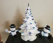 White Atlantic w/ Base Ceramic Christmas Tree Blue Lights & Snowflake Snowmen