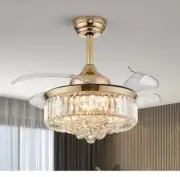 Gold LED Invisible Ceiling Fan Light Crystal Chandelier With Remote Control 36”
