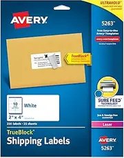 Avery Printable Shipping Labels with Sure Feed, 2" x 4" Customizable Stickers, White, 250 Blank Mailing Labels, Great for Mailing, Shipping, and More (5263)